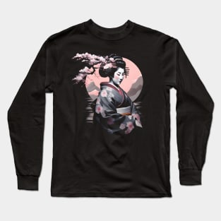 Japanese Geisha with Cherry Blossoms Black Long Sleeve T-Shirt